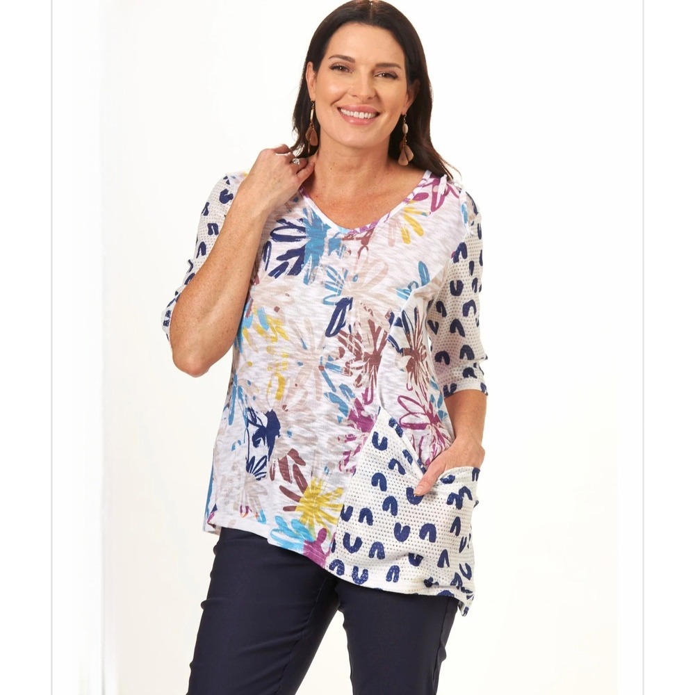Patchington Asymmetrical 3/4 Sleeve Tunic Top Floral XL White Blue V-Neck $89